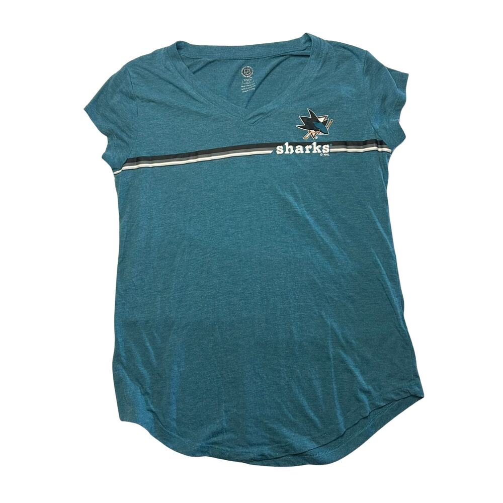 San Jose Sharks NHL Women's S Teal Heather Stripe V-Neck T-Shirt Hockey Fan Gear